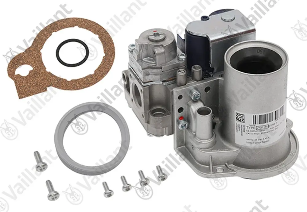Vaillant Gasarmatur, bestehend aus einem Gehäuse mit Anschlüssen, Schrauben, Dichtungen und einer elektrischen Komponente.